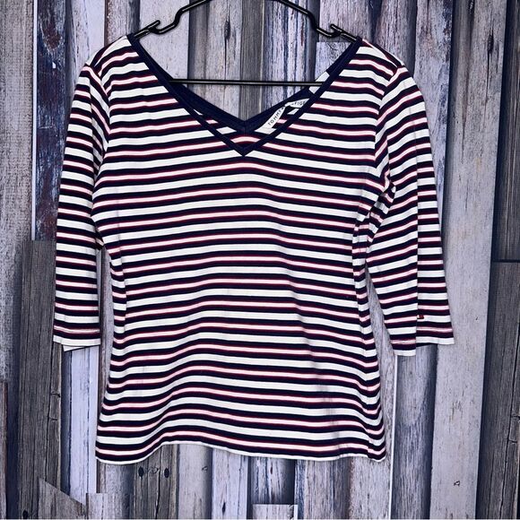 |EUC| TOMMY HILFIGER Striped Half Sleeve V Neck Top - Picture 1 of 8